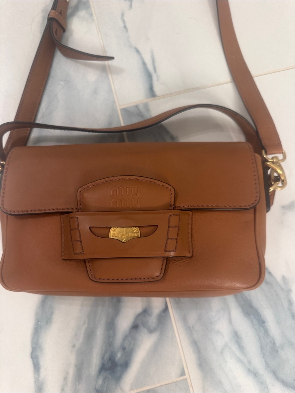 Miu Miu Tan Leather Penny Crossbody with Gold Hardware